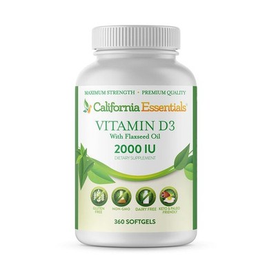 Vitamin D3 2000 IU with Flaxseed Oil   360 Softgels, Bone & Immune Support