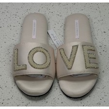 Victoria s Secret LOVE Slide Sandals Pearl Rhinestone Satin Slippers NWT Size S