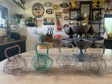 Lot 4 jouets anciens dînette paniers métal en fil avec anse, vert/argenté/marron