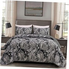 Paisley Quilt Set Size Boho Bedspread Coverlet Set 3 Pieces, Soft King Black