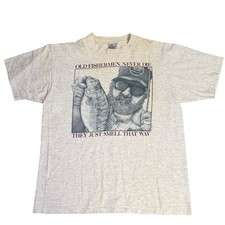 Vintage Old Fishermen Never Die Single Stitch Made In USA Shirt stained