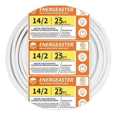 Energeaster Solid Indoor 14/2 W/G NMB Cable 25ft Coil,Electrical Wire 14 Gauge W