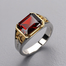 Anello Uomo Vintage Granato 8X10 mm Argento 925 Accenti Oro Gemma Rossa Anell...