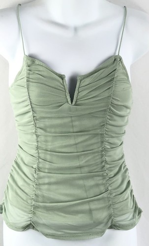 Nwt Sleeveless Draped Mesh cami tank top m green cutout v-neck ruched Y2K 90s - Picture 4 of 6