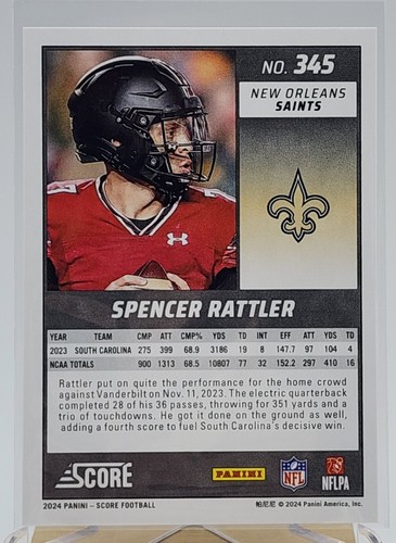2024 Score Football Spencer Rattler RC #345 RC Saints Gamecocks - Picture 2 of 2