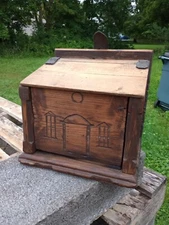 Antique Early 19th Cent. Primitive Carved Wood Salt Box Leather Hinges