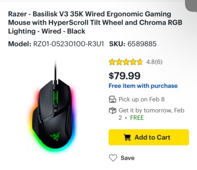 Razor Basilisk V3 35K Wired Ergonomic Gaming Mouse with HyperScroll Tilt Wheel 