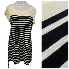 Merona Dress Womens Medium Stripe Belted Coastal Preppy Nautical Black Cream