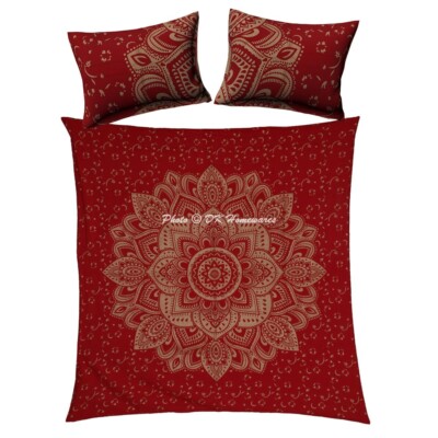 Indian Handmade Floral Mandala Art Red Bedding Set Bed Cover Bohemian Queen Size