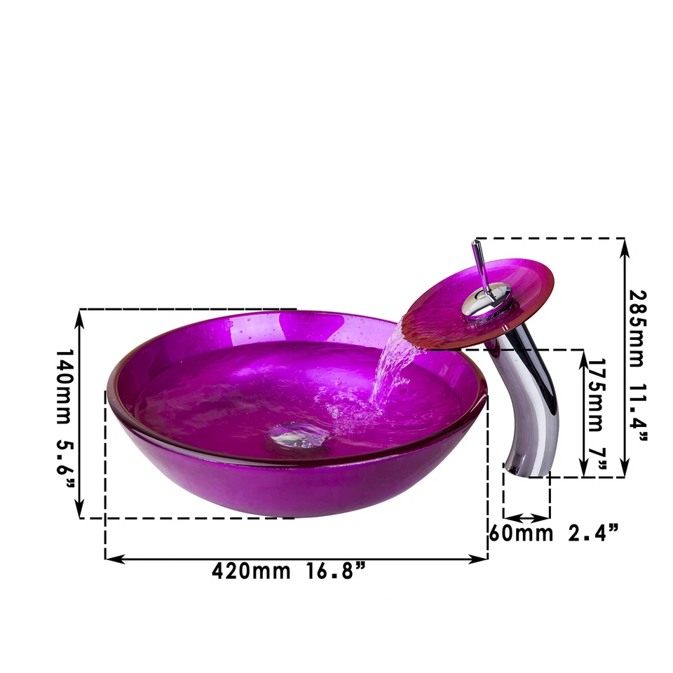 Combo de lavabo de vidrio rosa para baño mezclador de cascada grifo drenaje de residuos Foto 2 de 4
