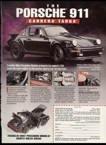 1993 Franklin Mint advertisement for the PORSCHE 911 Carrera Targa model