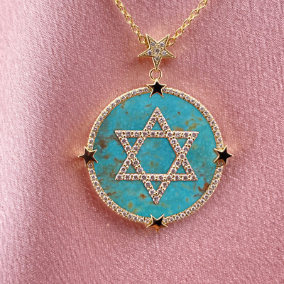 New 14K Gold Diamond Necklace-David / Jewish Star Pendant-Natural Blue Turquoise