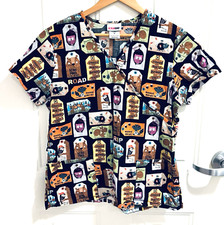 ScrubStar Women  s M Medium Scrub Top Nurse Vet Tech Camping Outdoor Camp Theme