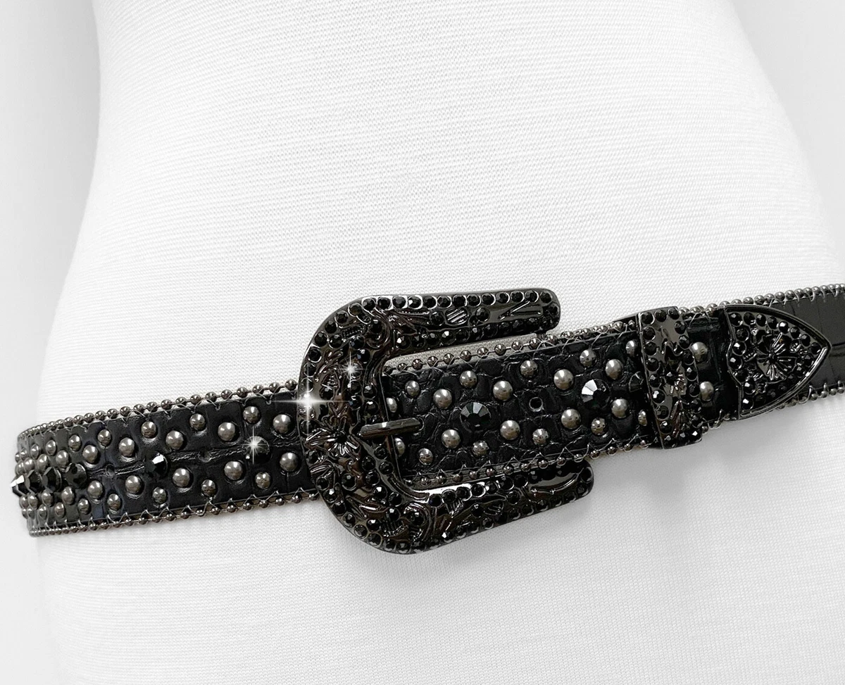 Vintage Womens Black Satin WIDE Rhinestone Bling Belt Sz.Small/MEDIUM macoking Rhinestone Belts for Women Men, Bling Skull Western  main image 3