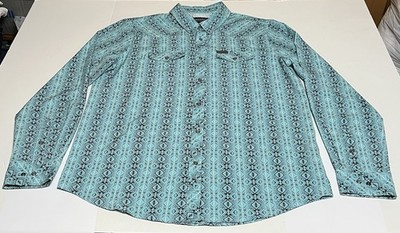 Panhandle Performance Mens XL Western Shirt Pearl Snap Aztec Turquoise Stretch