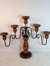 Vtg RUSTIC Wraught Iron Wood Candelabra 5 Taper Candle Holder Large 15.5x19"