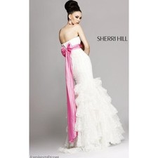 Sherri Hill Strapless Mermaid Gown Polka Dot Tulle Tiered Dress Pink Sash 8