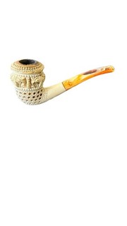 Vintage Hand Carved Meerschaum Style Smoking Pipe Ornate Lattice Amber Stem