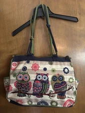Paul Brent Sun N Sand 3 Owl Large Tote Bag Purse Blue Green Perfect Condition