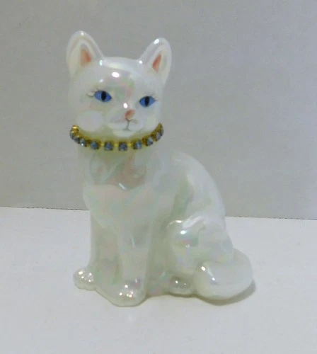 Fenton Iridescent Glass Birthday Cat Figurine Blue Rhinestone Collar Signed