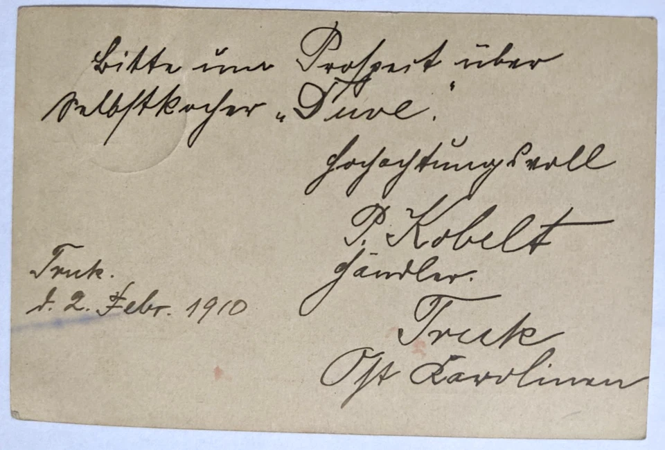 Truk, Islas Carolinas Alemanas--Berlín, DE/Grn., 5-Pfg. PSC/2/2/1910 Foto 2 de 2