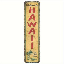 Distressed Yellow Tall Tin Sign Hawaii Palm Tree Retro Tiki Cafe Hanging Wall