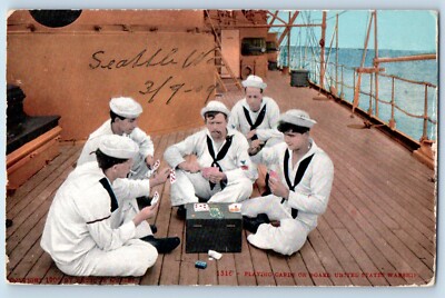 Gambling Postcard Playing Cards On Board United States Warship Seattle WA 1909