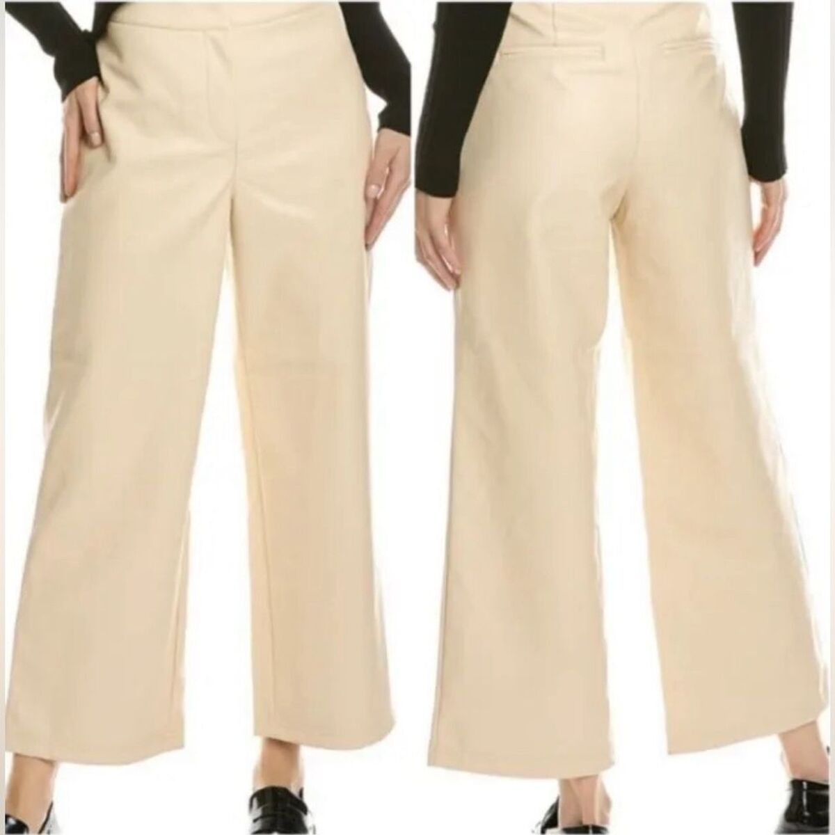 パンツ Beige Leather Cropped Pants Bagatelle Collection Women's Cream Color Cropped Wide Leg