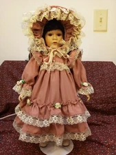 Porcelain Doll  Pink Bonnet & dress  Brown Hair & Eyes w stand 16in 