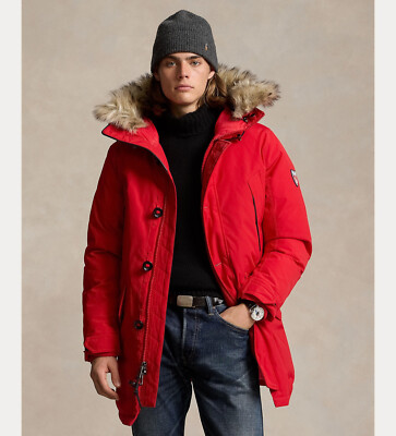 $598 Polo Ralph Lauren Men's Faux Fur-Trim Down Parka, Red, XL