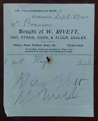 1910 W Rivett, Hay, Straw & Flour Dealer, Wellingborough Rd, Northampton Rechnung