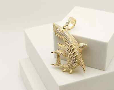 14k Gold Over Lab Created White 1.00CT Diamond Men's Hip Hop Shark Charm Pendant