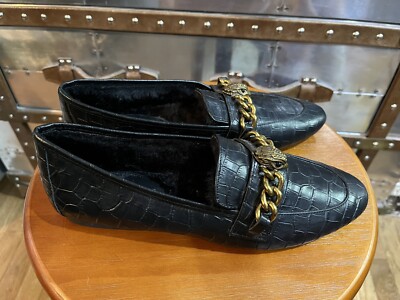 Kurt Geiger London Chelsea Black Croc Print Loafers Crystal Eagle Fur US 9 EU 40