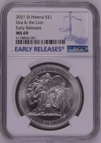 NGC MS69 2021 UK 1oz ST.Helena Una and The Lion Silver coin Early Release Spots