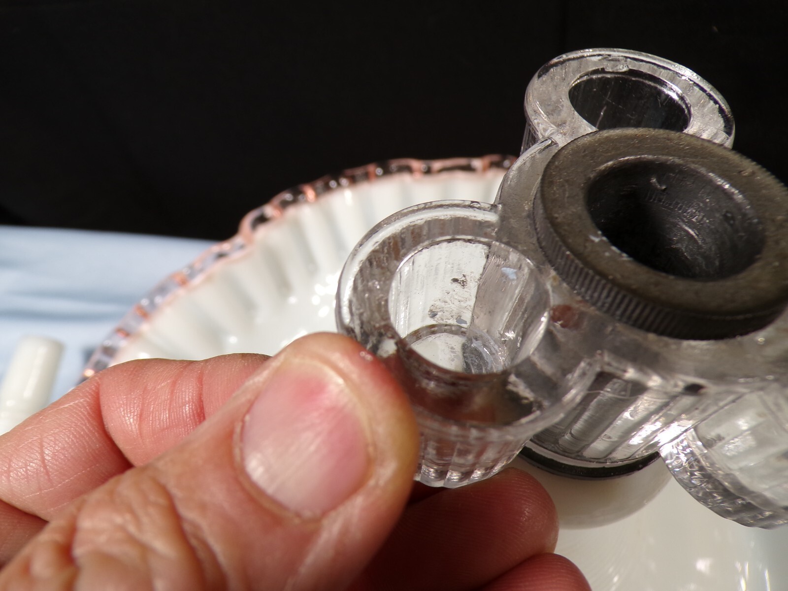 Fenton For L.G. Wright Milk Glass Pink Rose Crest Four 4 Horn Epergne