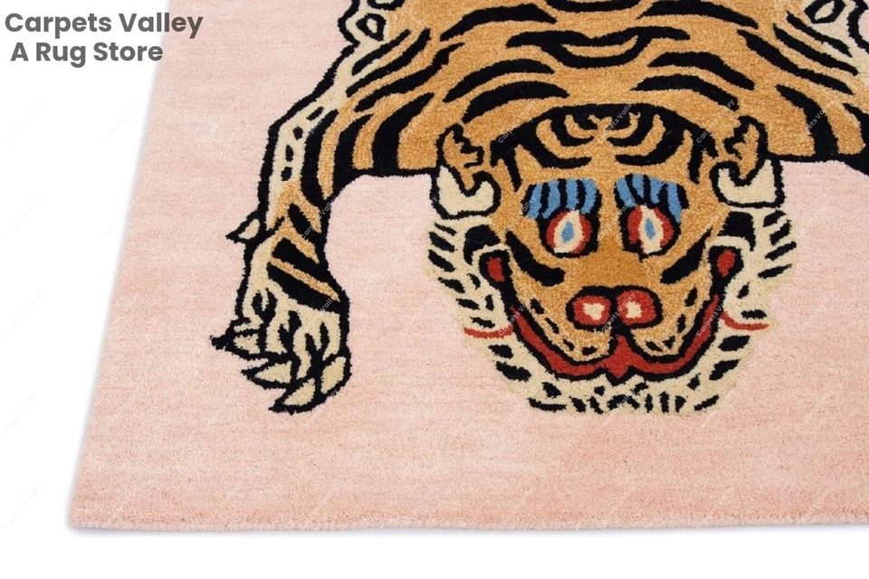 Tibetan Tiger Print - Pink & Brown, Hand-Tufted Wool Handmade Area Rug Carpet - Image 4 of 4