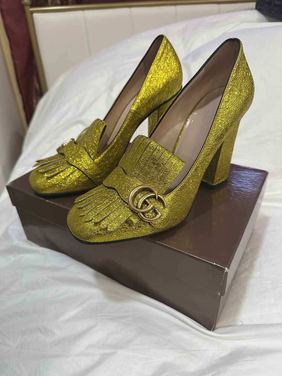 Gucci GG Marmont Metallic Gold Fringe Kiltie Loafers Pumps Size 41