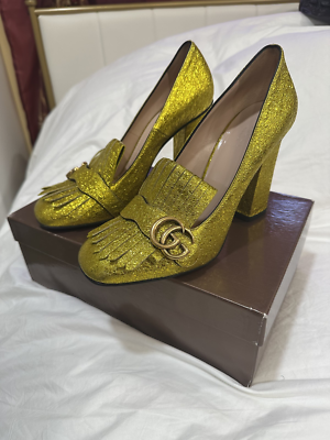 Gucci GG Marmont Metallic Gold Fringe Kiltie Loafers Pumps Size 41