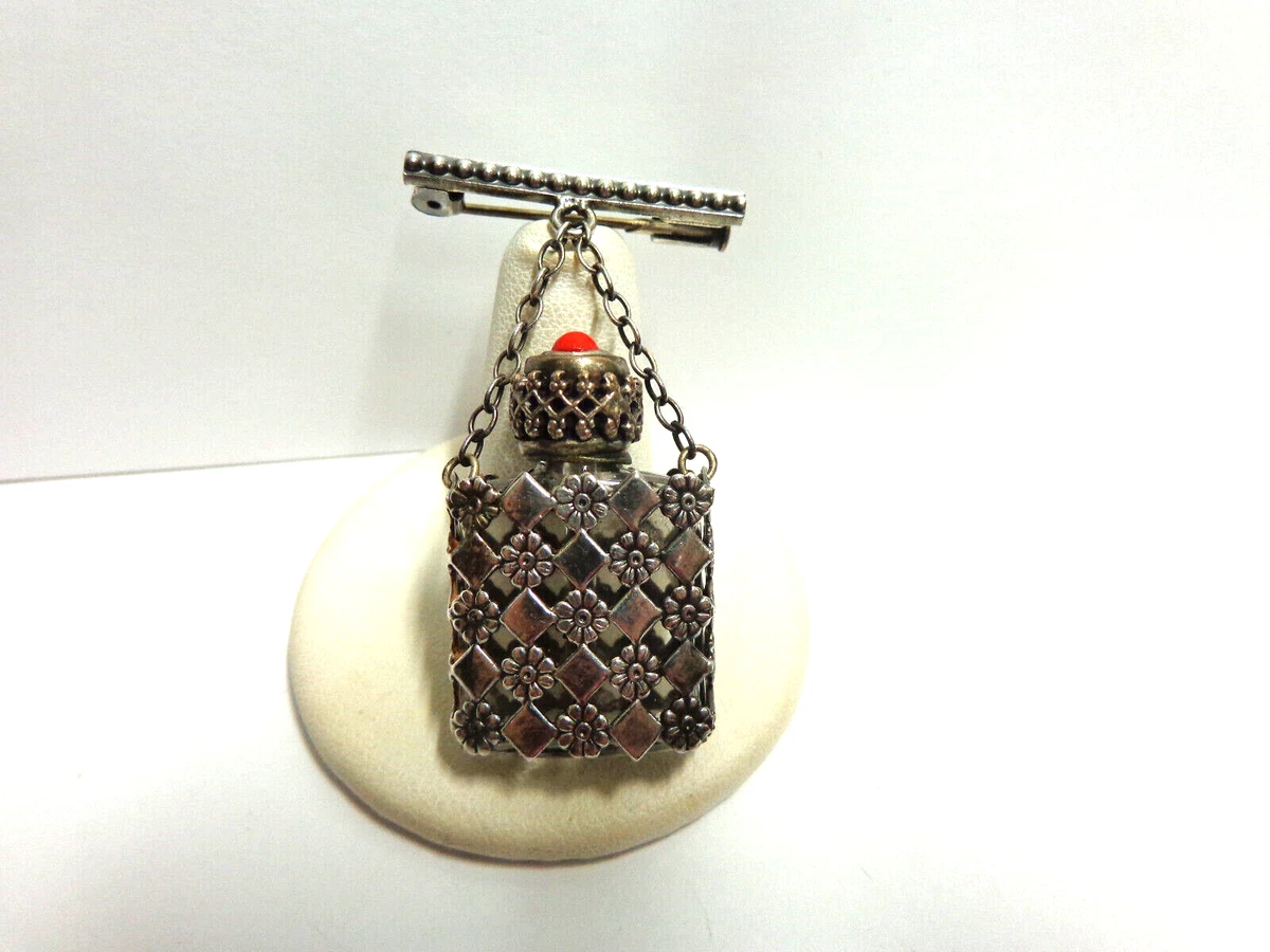 vintage perfume bottle w brooch silver lattice o glass md in france sz 2incoral