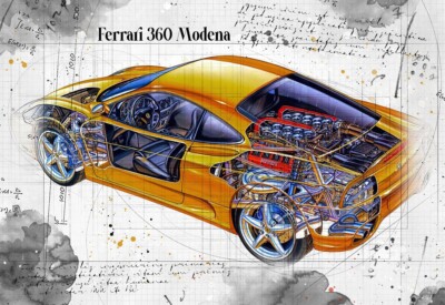 Line Tech Zeichnung Ferrari 360 Modena Auto Auto Classic Cutaway Kunst Posterdruck