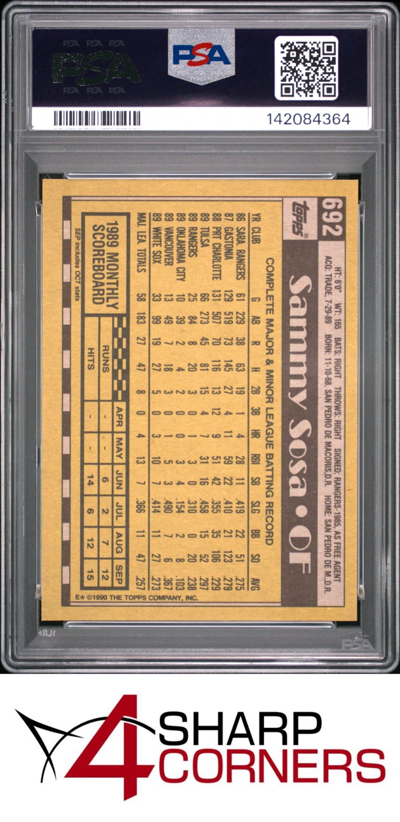 1990 TOPPS #692 SAMMY SOSA RC WHITE SOX PSA 10 view 2
