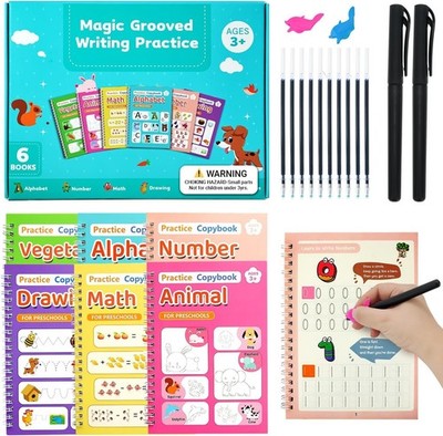 Magic Grooved Writing Practice Workbooks for Kids Ages 3 8, Reusable Set of 6