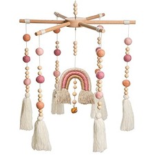 Baby Crib Mobile - Rainbow Crib Mobile Wooden Mobile with Colorful Cotton Pink