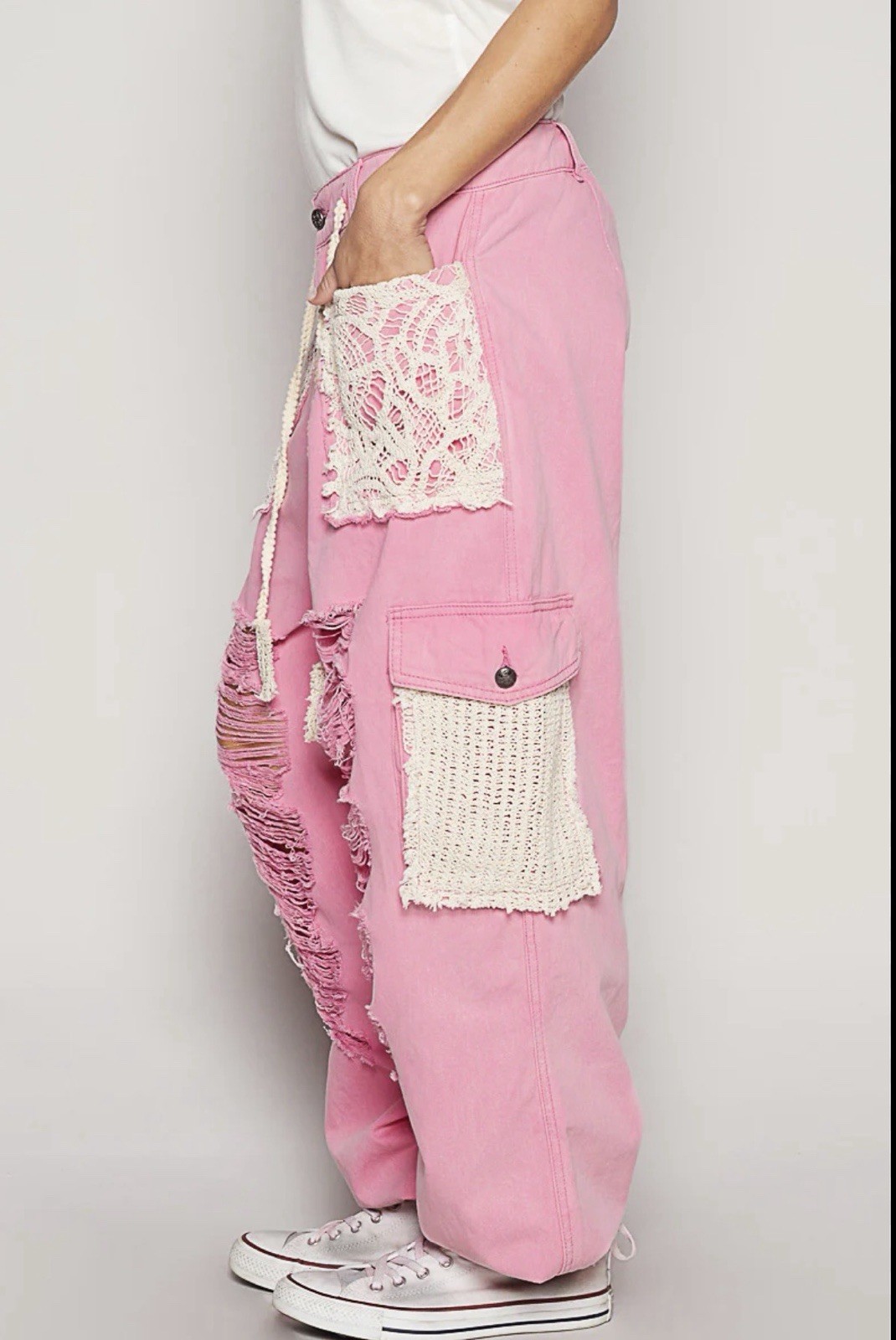 POL Crochet Lace Patchwork Distressed Drawstring … - image 2