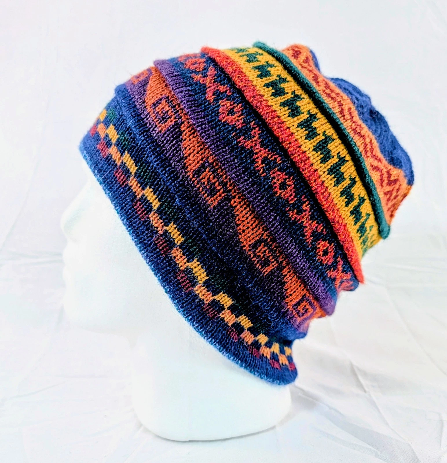Soft Baby Alpaca Beanie Reversible Blue Unisex Colorful Boho Llama Peru