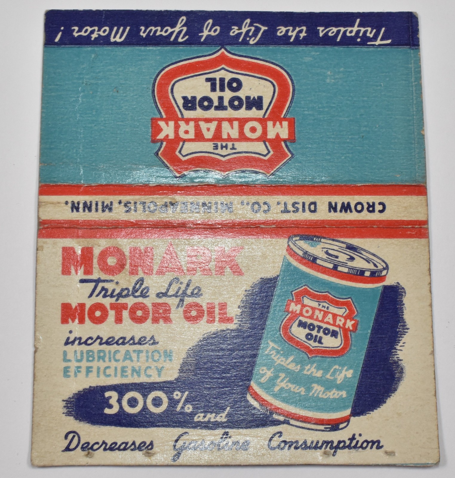 RARE Vintage Monark Triple Life Motor Oil Advertising Match Book