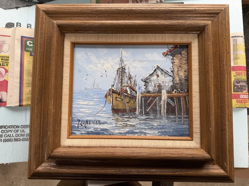 Vintage Oil Painting of A Ship In Florence Italy  Framed