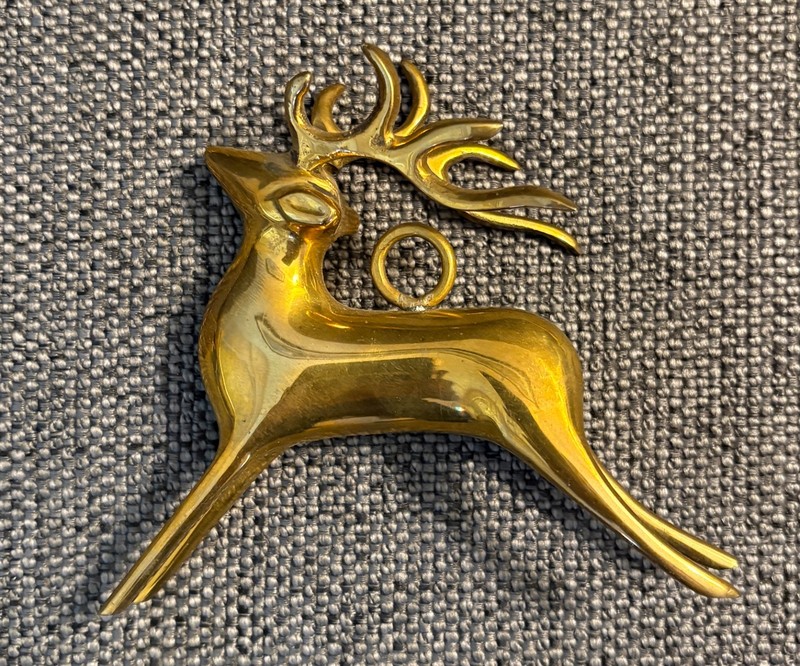 Vintage Brass Metal leaping Reindeer Christmas Ornament 4”