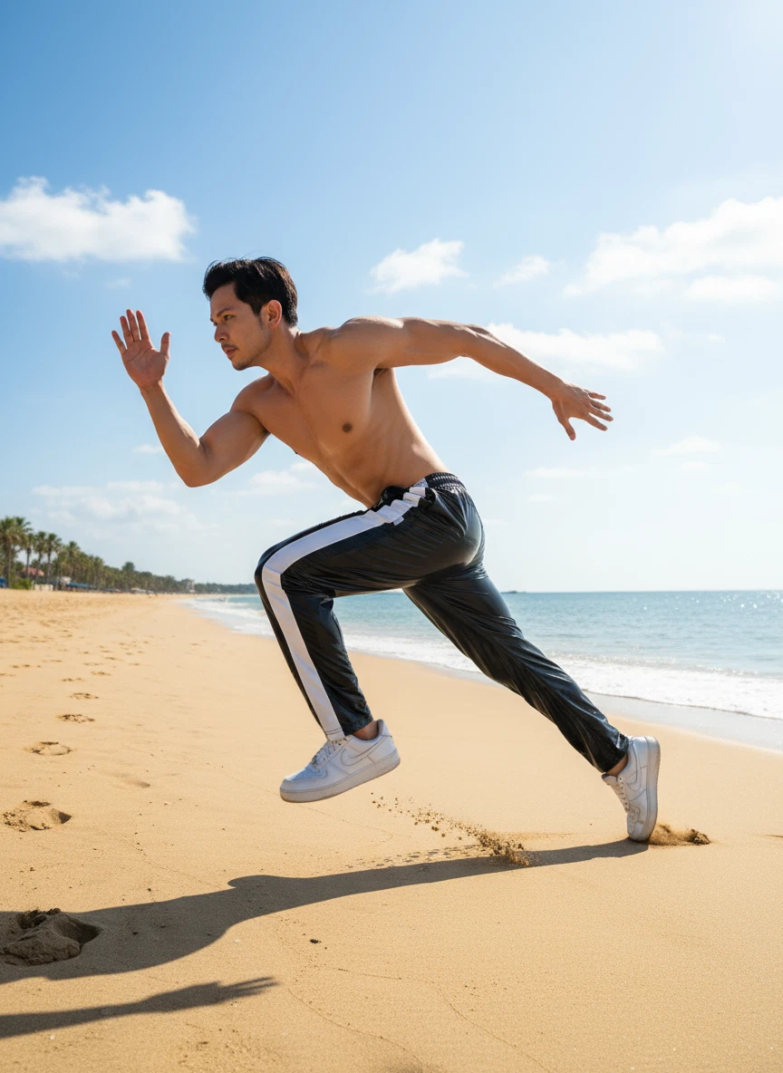 High-Gloss Athletic Joggers - Black PU Pants with White Stripe