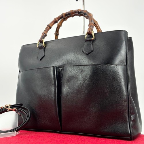 Gucci Bamboo Leather 2Way Shoulder Hand Bag Black Gold Hardware Auth